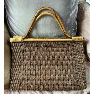 Vintage rattan wicker tote Brown Woven Straw Wood Bag large 16x12” bamboo zipped